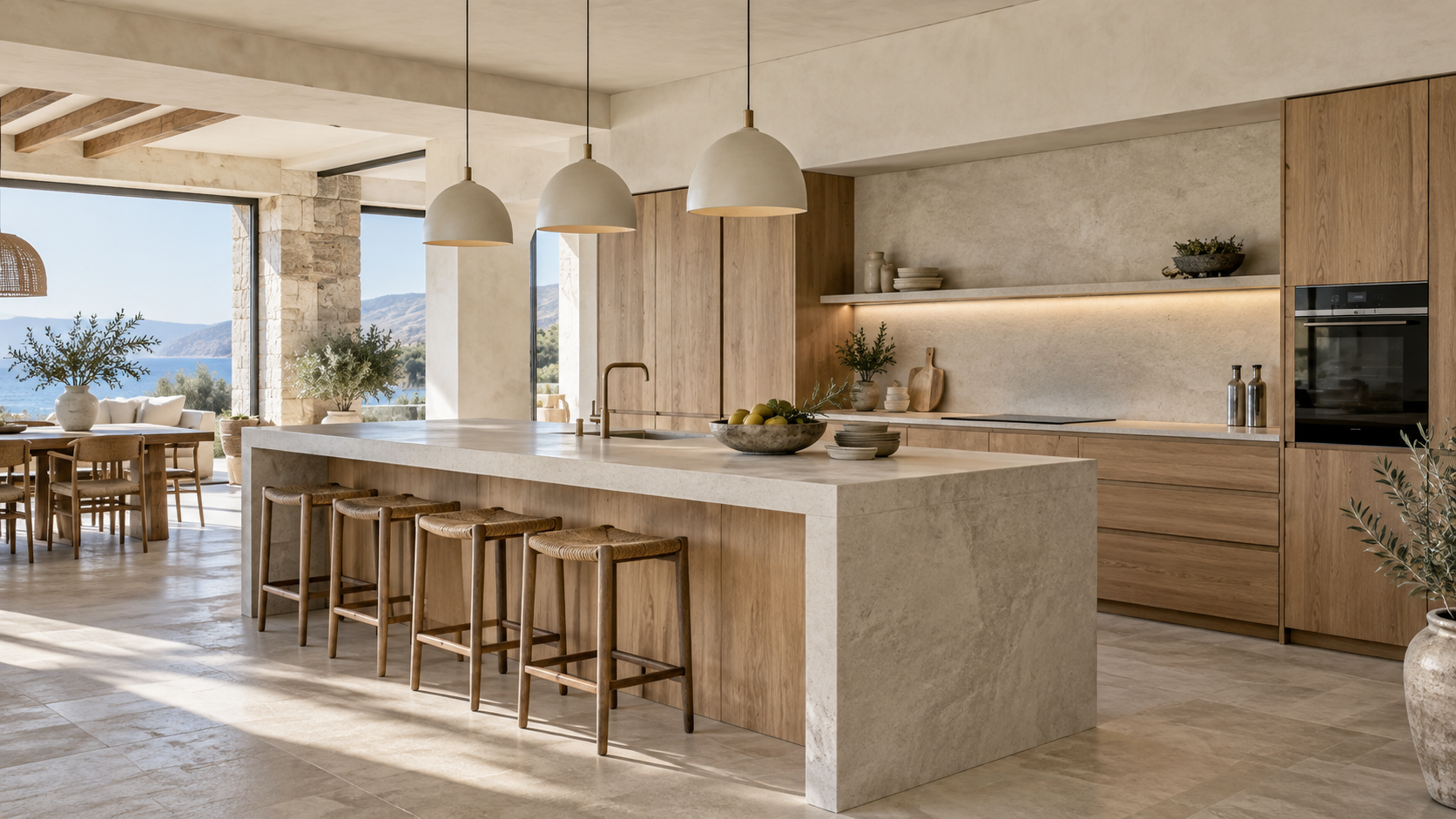 Contemporary custom kitchen with oak cabinetry and island